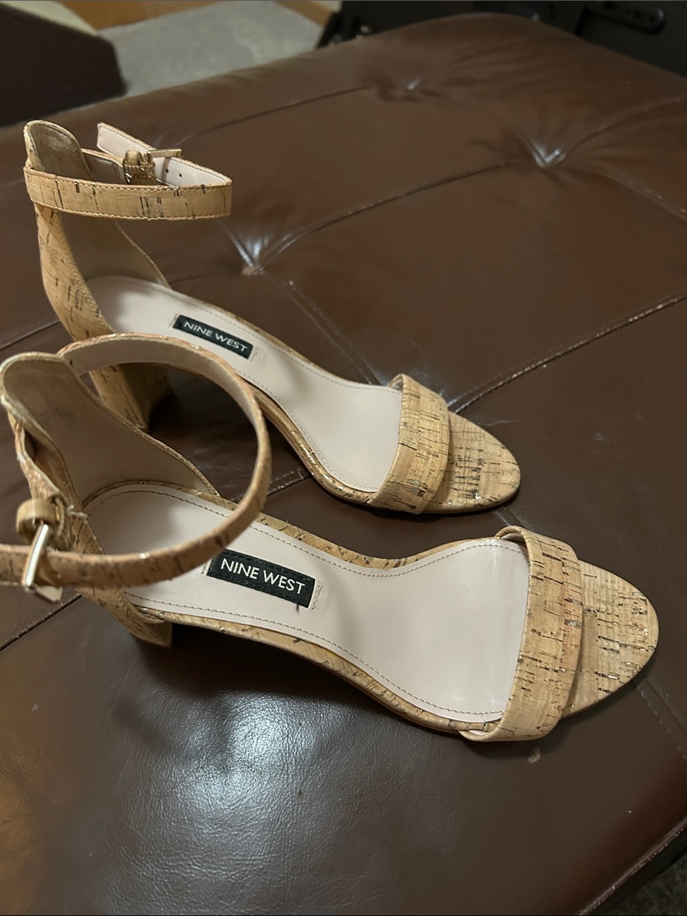 Nine West Cork-Look Ankle-Strap Block Heel Sandals in Natural Tan 7 1/2